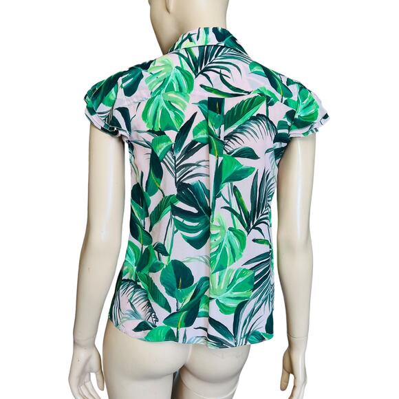 Alice + Olivia Randa Short Sleeve Ruffle Henley Top 100% Silk Size M Preowned - Picture 6 of 14